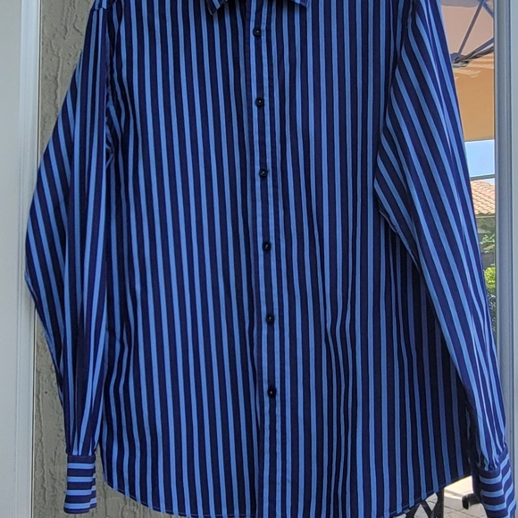 Men's BUGATCHI Blue + Stripe Shirt Shaped Fit Contrasting Collar Cuff Large Blue - Picture 7 of 10